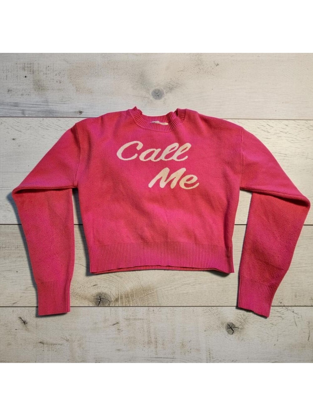 No Boundaries Womens Pink Cropped Knit Sweater Call Me Graphic Pullover Top Sz M